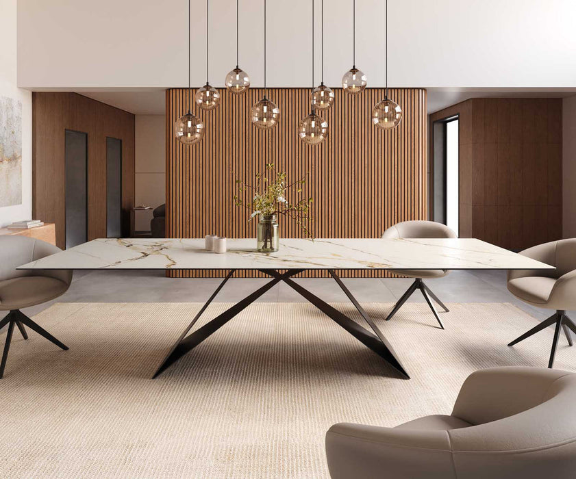 Dining Table Aurora 300x100cm Ceramic Calacatta Luxe Gold V-Frame Black