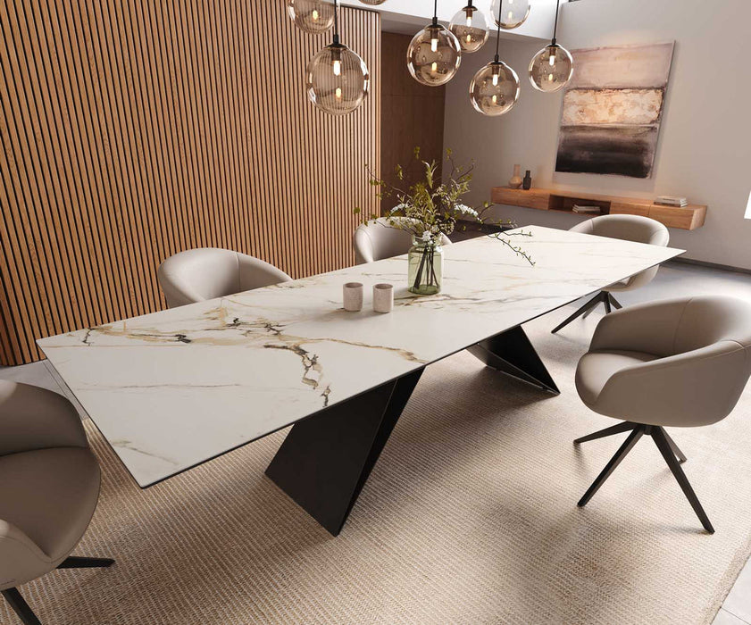 Dining Table Aurora 300x100cm Ceramic Calacatta Luxe Gold V-Frame Black