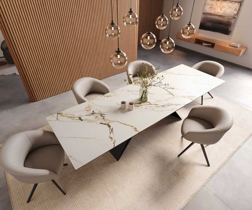 Dining Table Aurora 300x100cm Ceramic Calacatta Luxe Gold V-Frame Black