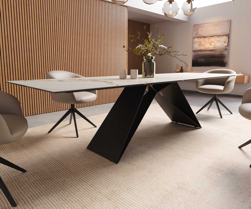 Dining Table Aurora 300x100cm Ceramic Calacatta Luxe Gold V-Frame Black