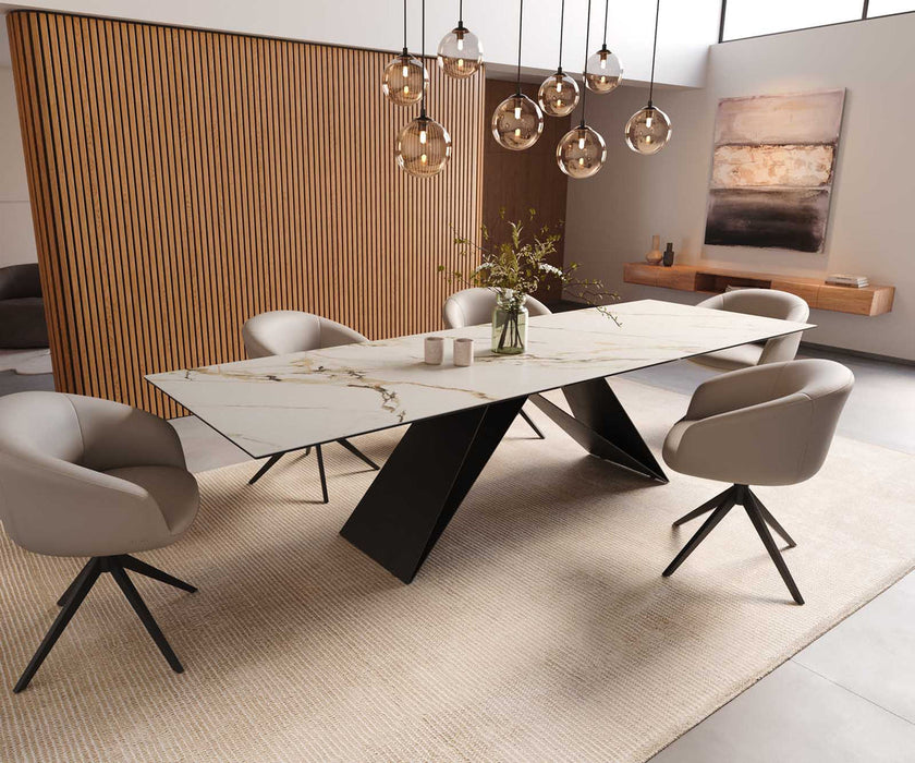 Dining Table Aurora 300x100cm Ceramic Calacatta Luxe Gold V-Frame Black