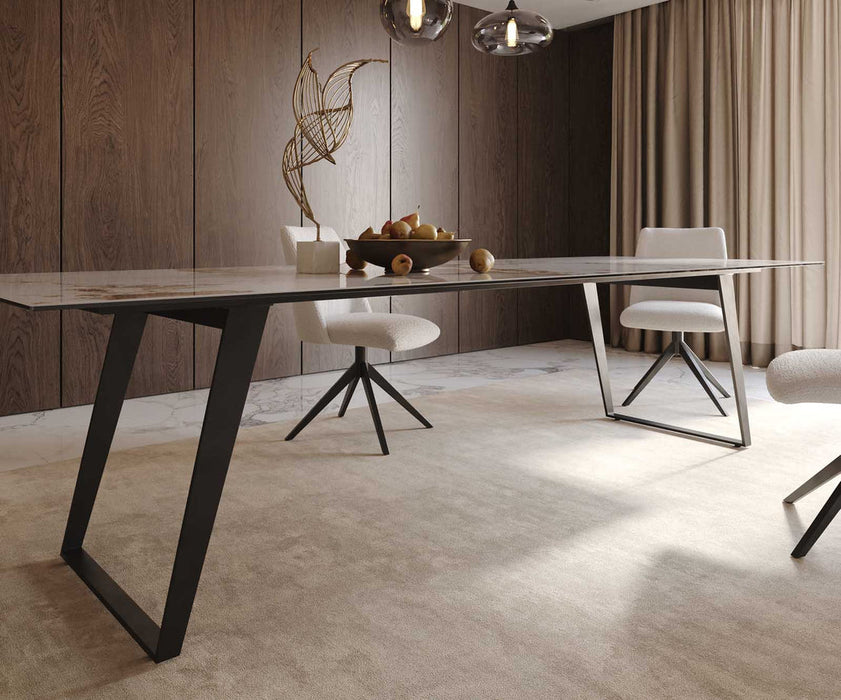 Dining Table Aurora 300x100cm Ceramic Calacatta Luxe Beige Slanted Frame Black
