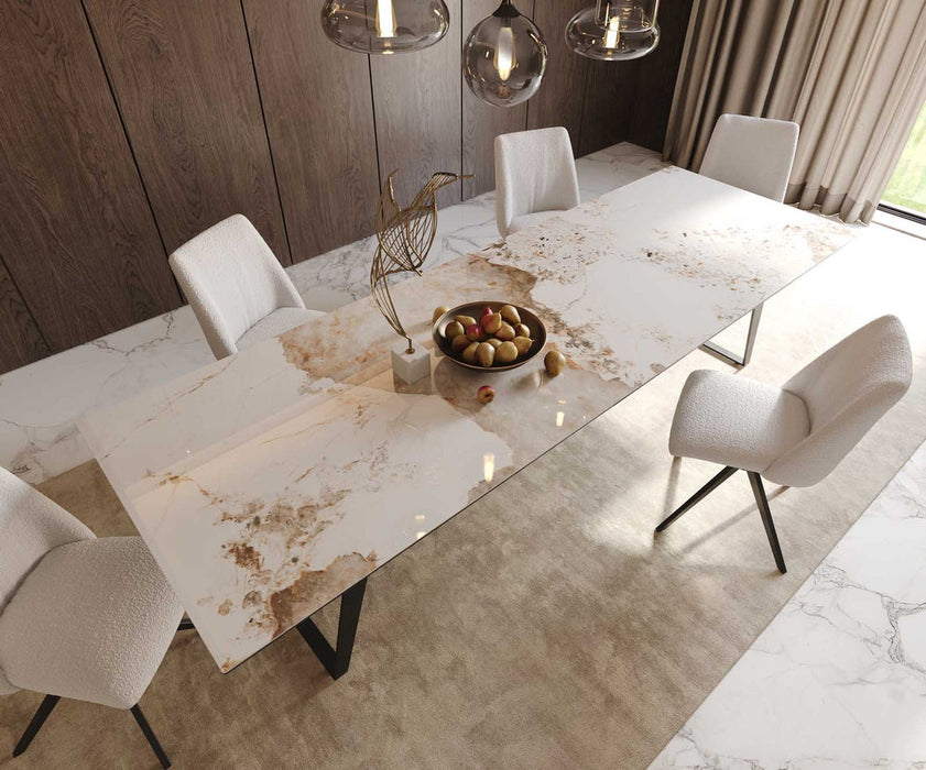 Dining Table Aurora 300x100cm Ceramic Calacatta Luxe Beige Slanted Frame Black