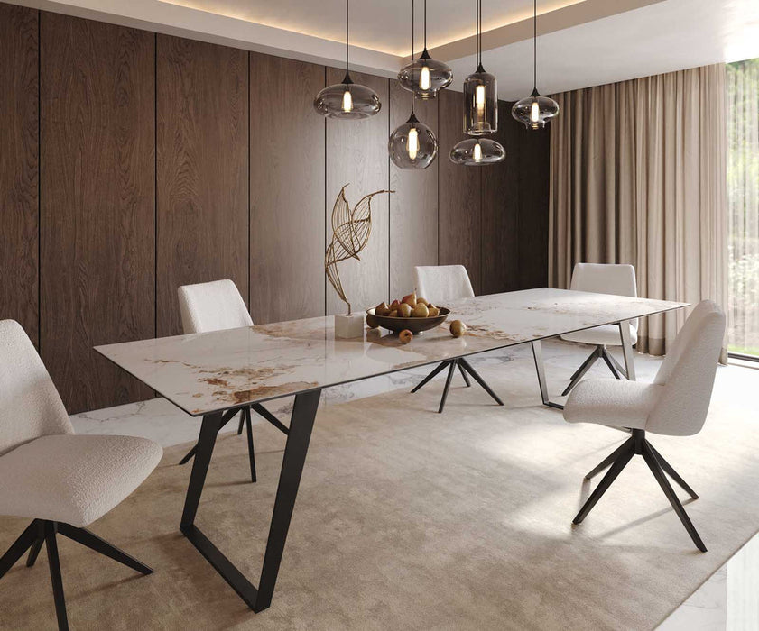 Dining Table Aurora 300x100cm Ceramic Calacatta Luxe Beige Slanted Frame Black