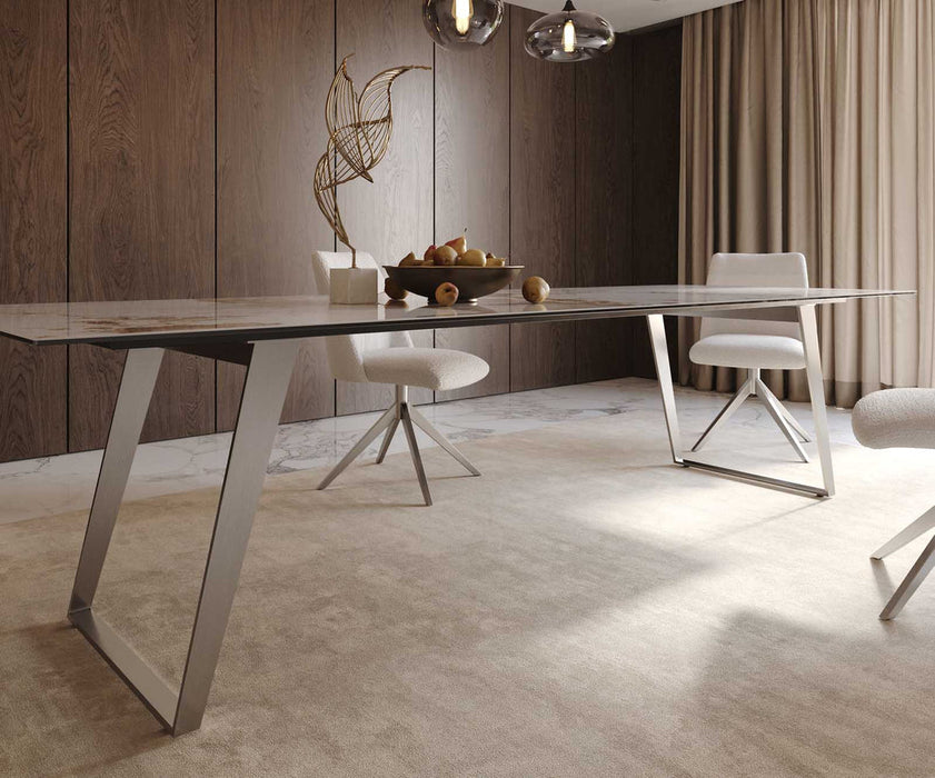 Dining Table Aurora 300x100cm Ceramic Calacatta Luxe Beige Slanted Frame Silver