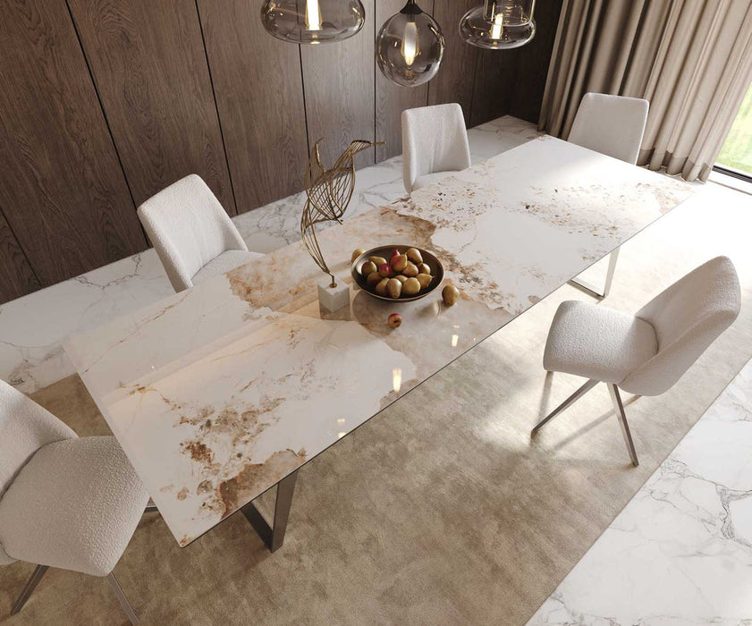 Dining Table Aurora 300x100cm Ceramic Calacatta Luxe Beige Slanted Frame Silver