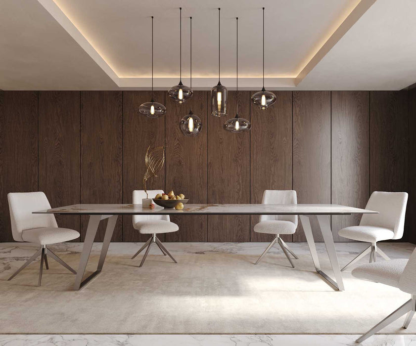 Dining Table Aurora 300x100cm Ceramic Calacatta Luxe Beige Slanted Frame Silver