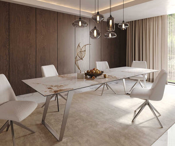 Dining Table Aurora 300x100cm Ceramic Calacatta Luxe Beige Slanted Frame Silver