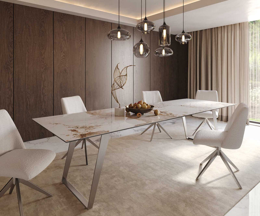 Dining Table Aurora 300x100cm Ceramic Calacatta Luxe Beige Slanted Frame Silver