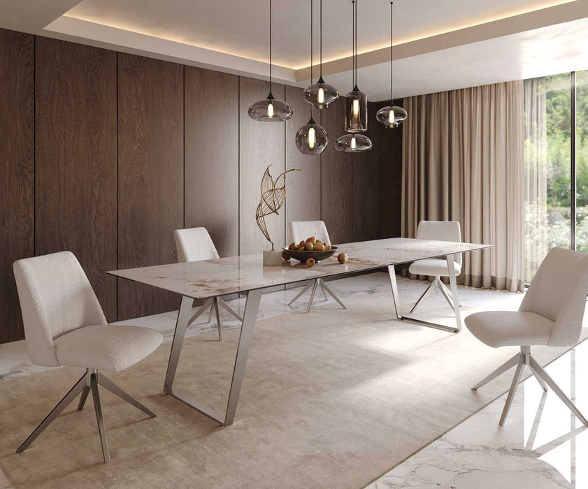 Dining Table Aurora 300x100cm Ceramic Calacatta Luxe Beige Slanted Frame Silver