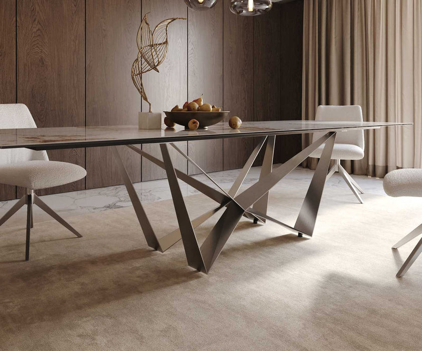 Dining Table Aurora 300x100cm Ceramic Calacatta Luxe Beige Spider Frame Silver