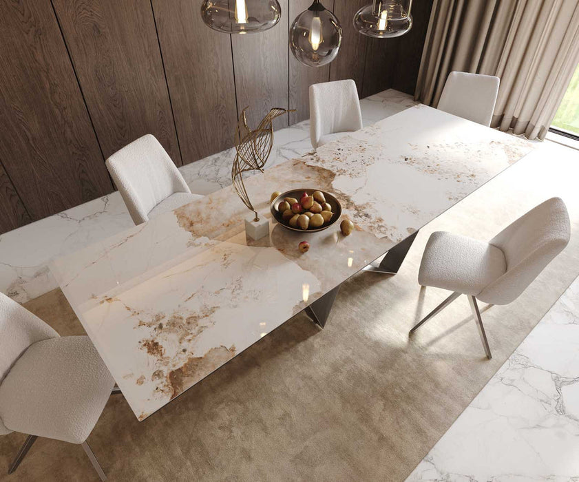 Dining Table Aurora 300x100cm Ceramic Calacatta Luxe Beige Spider Frame Silver