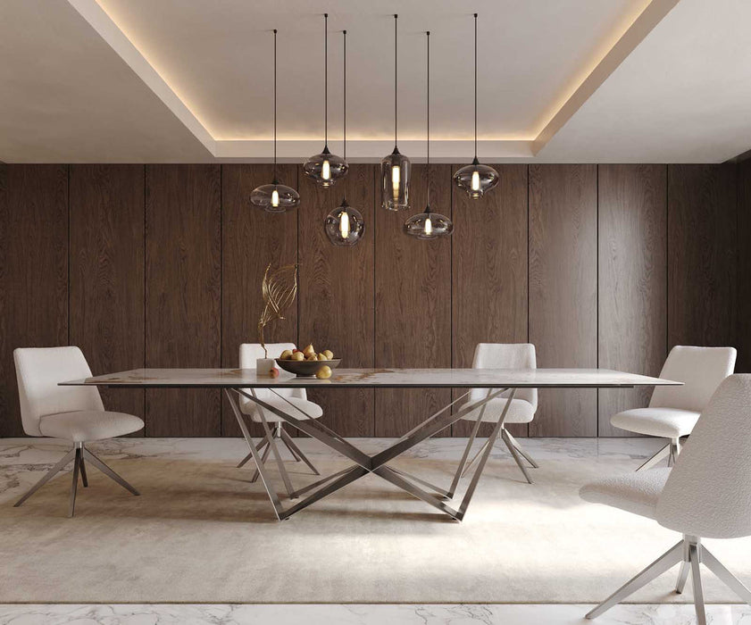 Dining Table Aurora 300x100cm Ceramic Calacatta Luxe Beige Spider Frame Silver