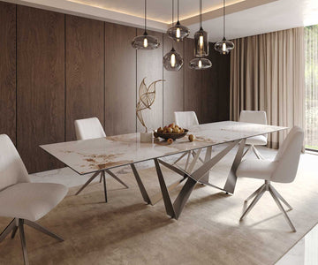 Dining Table Aurora 300x100cm Ceramic Calacatta Luxe Beige Spider Frame Silver