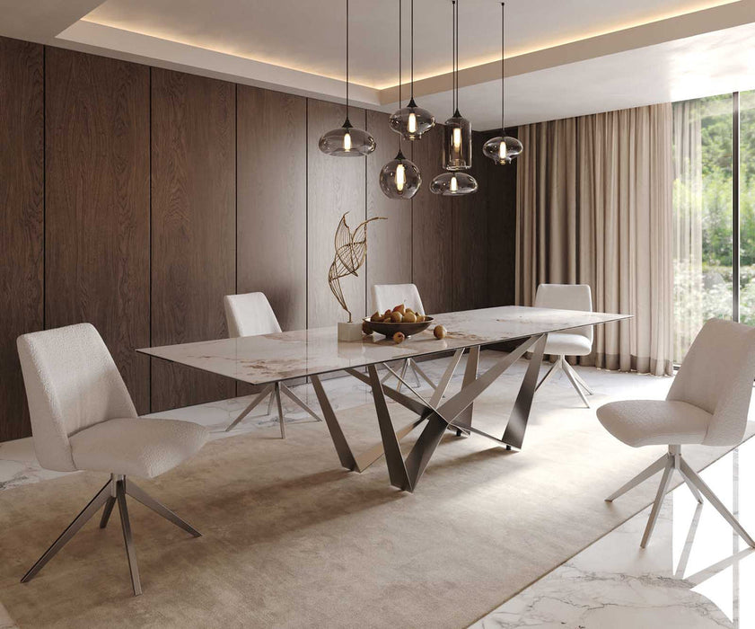 Dining Table Aurora 300x100cm Ceramic Calacatta Luxe Beige Spider Frame Silver