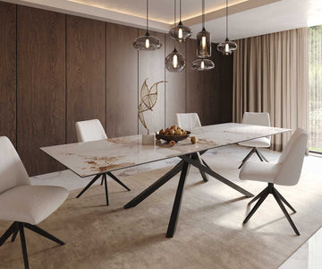 Dining Table Aurora 300x100cm Ceramic Calacatta Luxe Beige Cross Frame Black