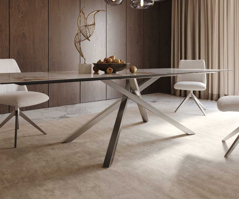 Dining Table Aurora 300x100cm Ceramic Calacatta Luxe Beige Cross Frame Silver