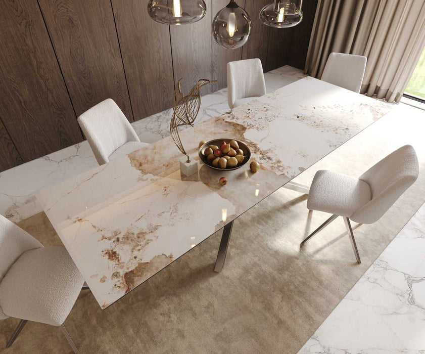 Dining Table Aurora 300x100cm Ceramic Calacatta Luxe Beige Cross Frame Silver