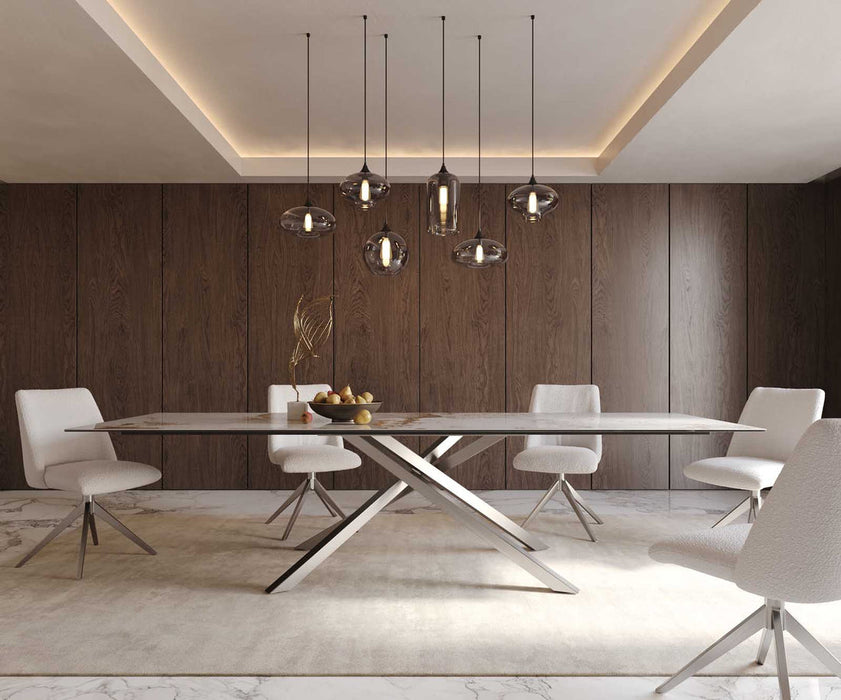 Dining Table Aurora 300x100cm Ceramic Calacatta Luxe Beige Cross Frame Silver