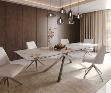 Dining Table Aurora 300x100cm Ceramic Calacatta Luxe Beige Cross Frame Silver
