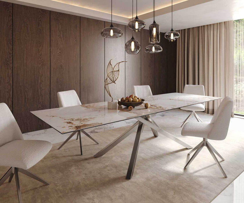 Dining Table Aurora 300x100cm Ceramic Calacatta Luxe Beige Cross Frame Silver