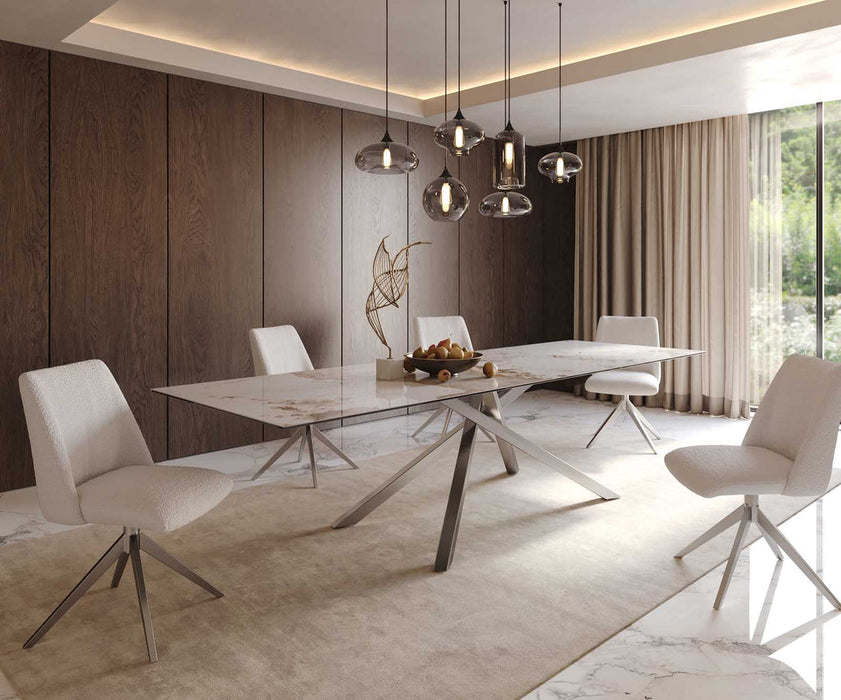 Dining Table Aurora 300x100cm Ceramic Calacatta Luxe Beige Cross Frame Silver