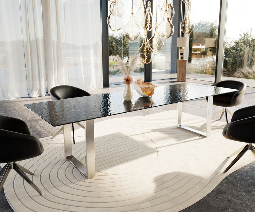 Dining Table Aurora 300cm Glass Relief Black Square Frame Slim Steel