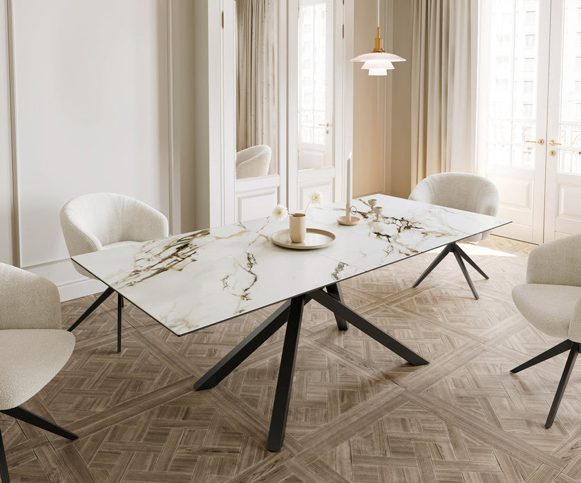 Extendable Dining Table Aurora 180-220cm Ceramic Calacatta Luxe Gold Cross Frame Black