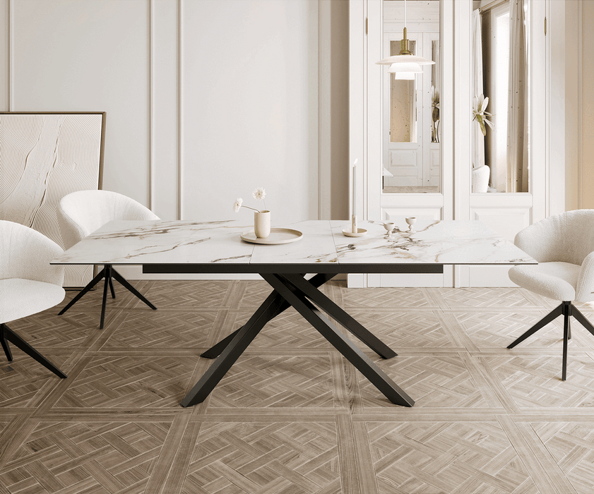 Extendable Dining Table Aurora 180-220cm Ceramic Calacatta Luxe Gold Cross Frame Black