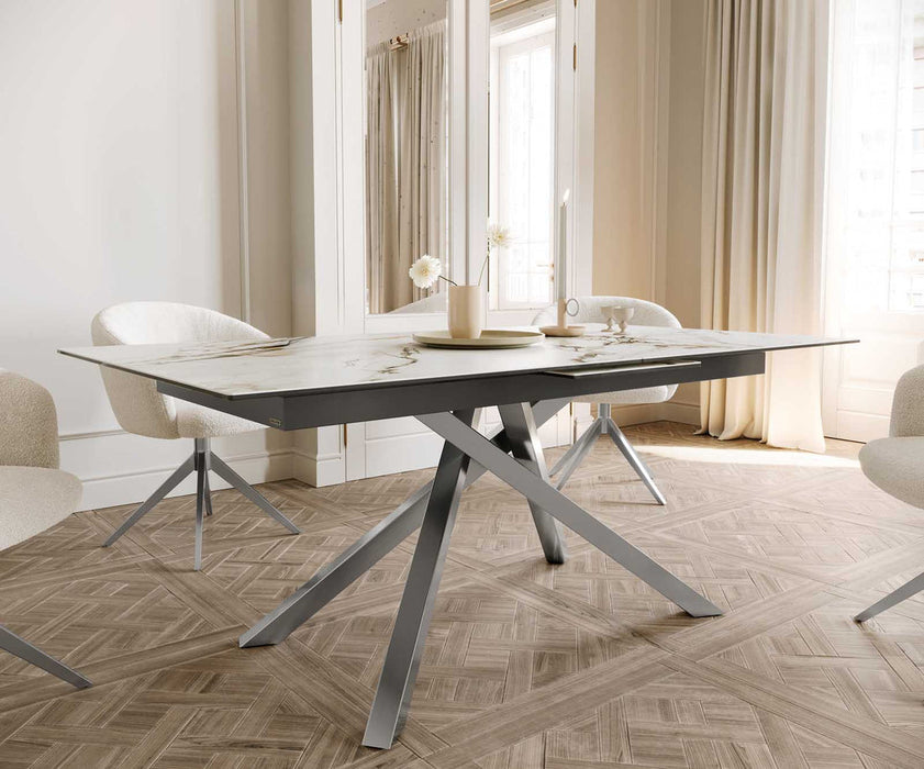 Extendable Dining Table Aurora 180-220x100cm Ceramic Calacatta Luxe Gold Cross Frame Silver