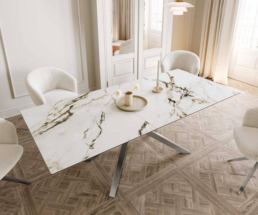 Extendable Dining Table Aurora 180-220x100cm Ceramic Calacatta Luxe Gold Cross Frame Silver
