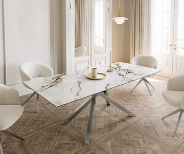 Extendable Dining Table Aurora 180-220x100cm Ceramic Calacatta Luxe Gold Cross Frame Silver