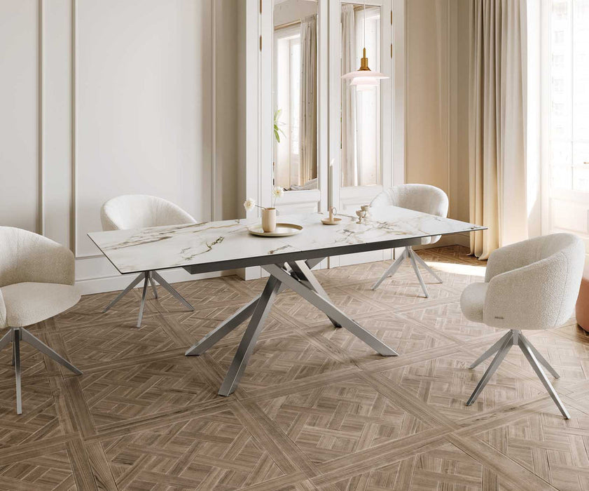 Extendable Dining Table Aurora 180-220x100cm Ceramic Calacatta Luxe Gold Cross Frame Silver