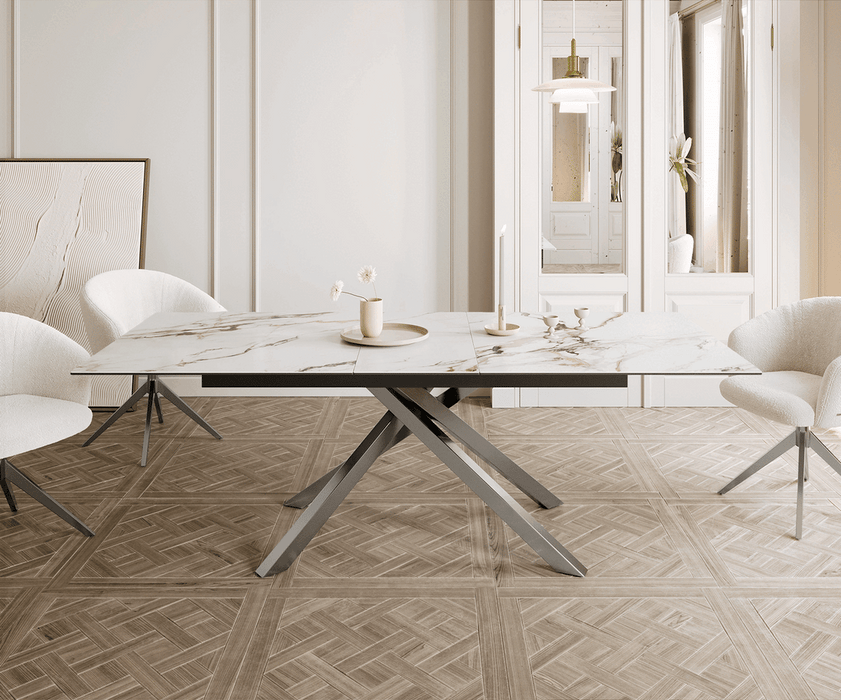 Extendable Dining Table Aurora 180-220x100cm Ceramic Calacatta Luxe Gold Cross Frame Silver