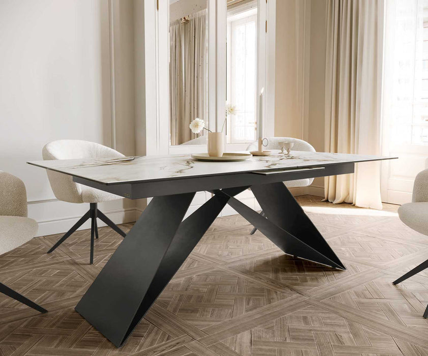 Extendable Dining Table Aurora 180-220x100cm Ceramic Calacatta Luxe Gold V-Frame Black