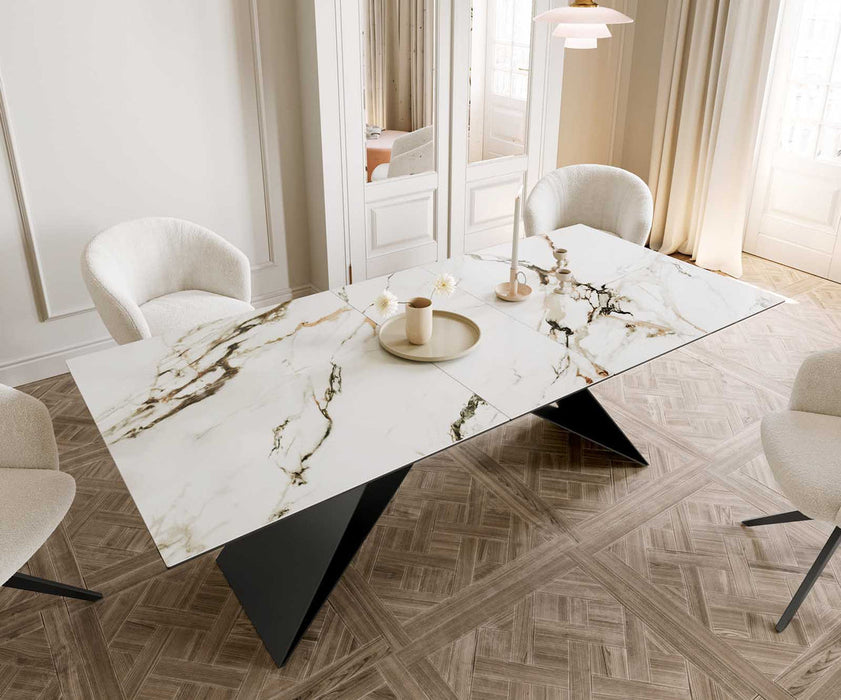 Extendable Dining Table Aurora 180-220x100cm Ceramic Calacatta Luxe Gold V-Frame Black