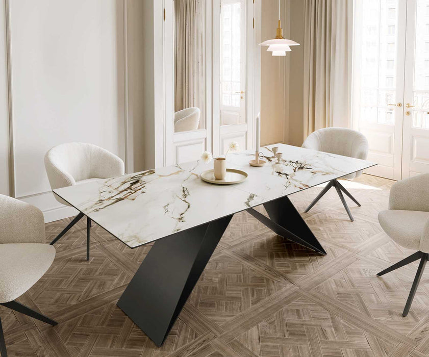 Extendable Dining Table Aurora 180-220x100cm Ceramic Calacatta Luxe Gold V-Frame Black