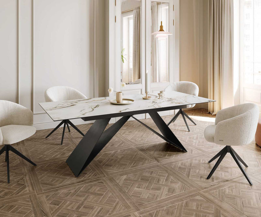 Extendable Dining Table Aurora 180-220x100cm Ceramic Calacatta Luxe Gold V-Frame Black