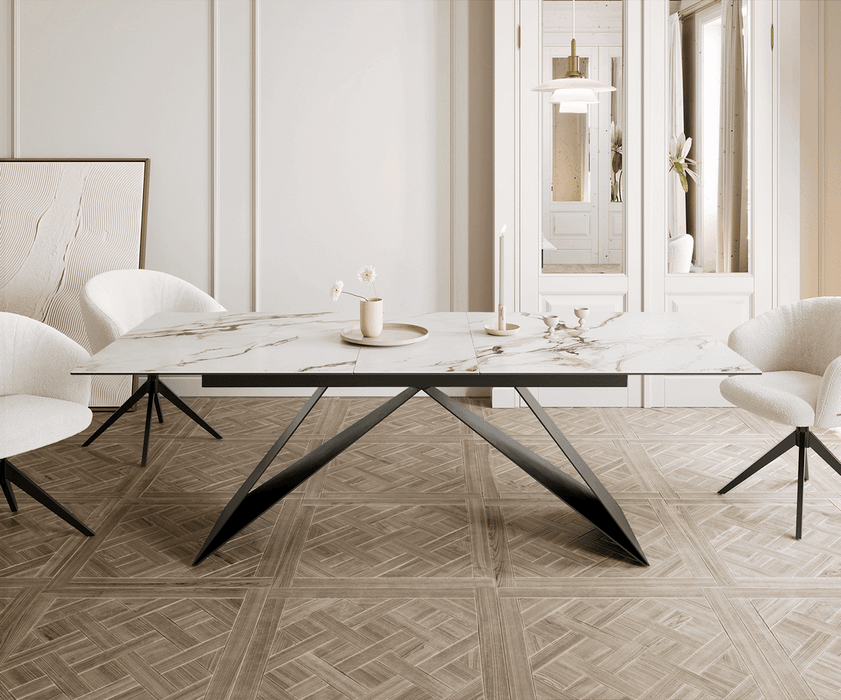 Extendable Dining Table Aurora 180-220x100cm Ceramic Calacatta Luxe Gold V-Frame Black