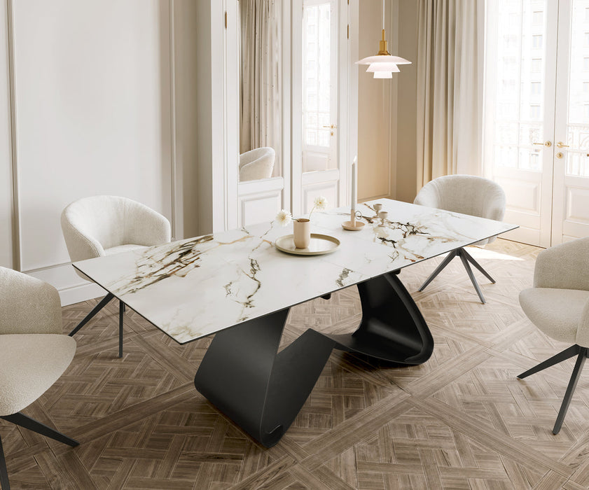 Extendable Dining Table Aurora 180-220cm Ceramic Calacatta Luxe Gold W-Frame Black