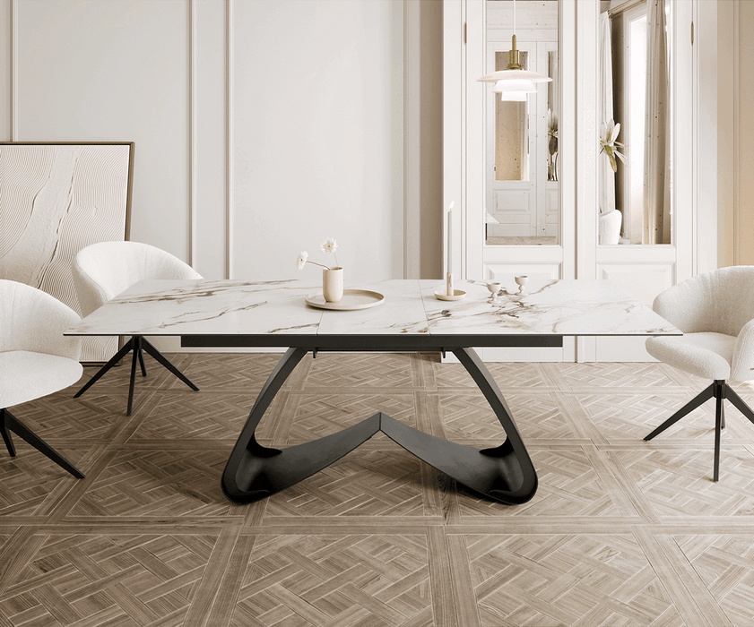 Extendable Dining Table Aurora 180-220cm Ceramic Calacatta Luxe Gold W-Frame Black