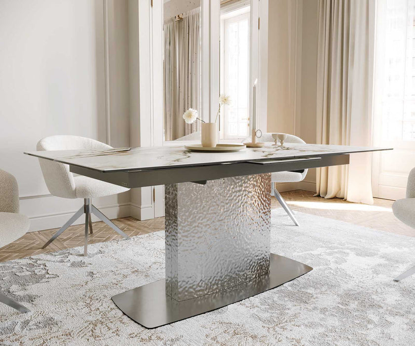 Extendable Dining Table Aurora 180-220x100cm Ceramic Calacatta Luxe Gold Central Frame Silver