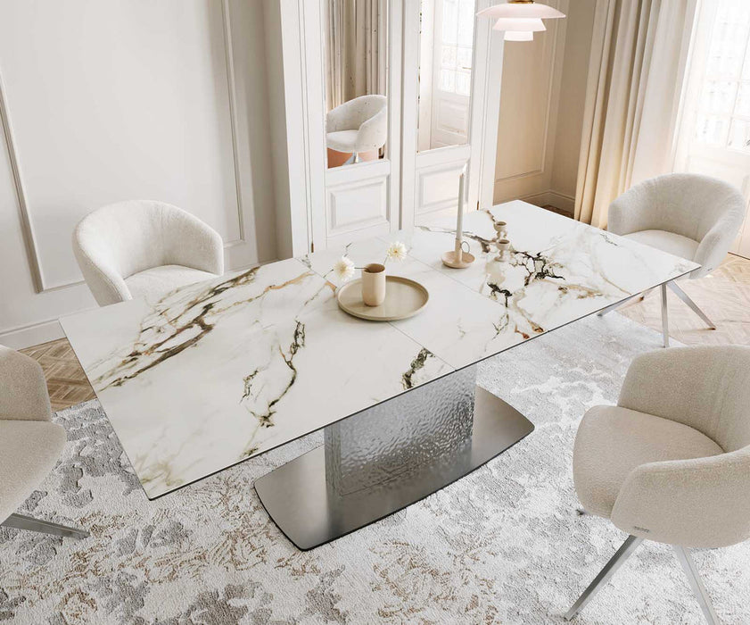 Extendable Dining Table Aurora 180-220x100cm Ceramic Calacatta Luxe Gold Central Frame Silver