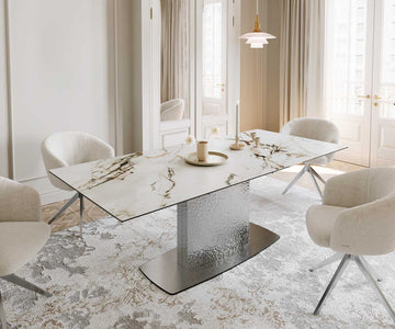 Extendable Dining Table Aurora 180-220x100cm Ceramic Calacatta Luxe Gold Central Frame Silver