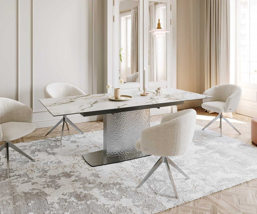 Extendable Dining Table Aurora 180-220x100cm Ceramic Calacatta Luxe Gold Central Frame Silver