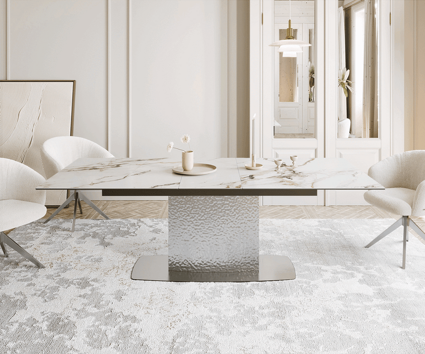 Extendable Dining Table Aurora 180-220x100cm Ceramic Calacatta Luxe Gold Central Frame Silver