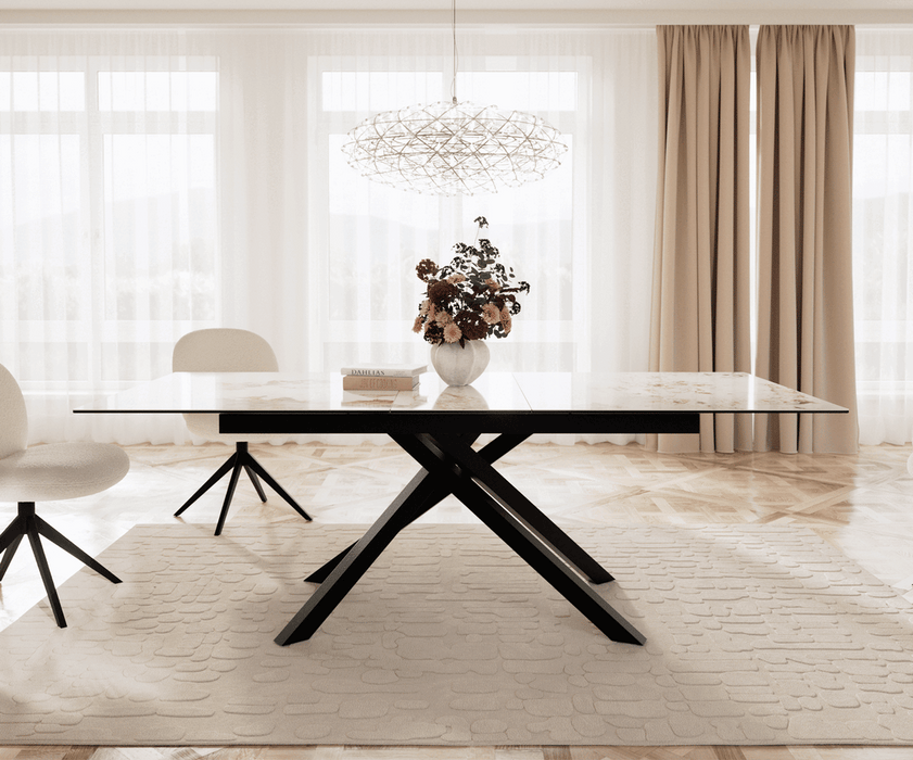 Extendable Dining Table Aurora 180-220cm Ceramic Minas Melange Beige Cross Frame Black