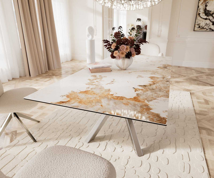 Extendable Dining Table Aurora 180-220x100cm Ceramic Minas Melange Beige Cross Frame Silver
