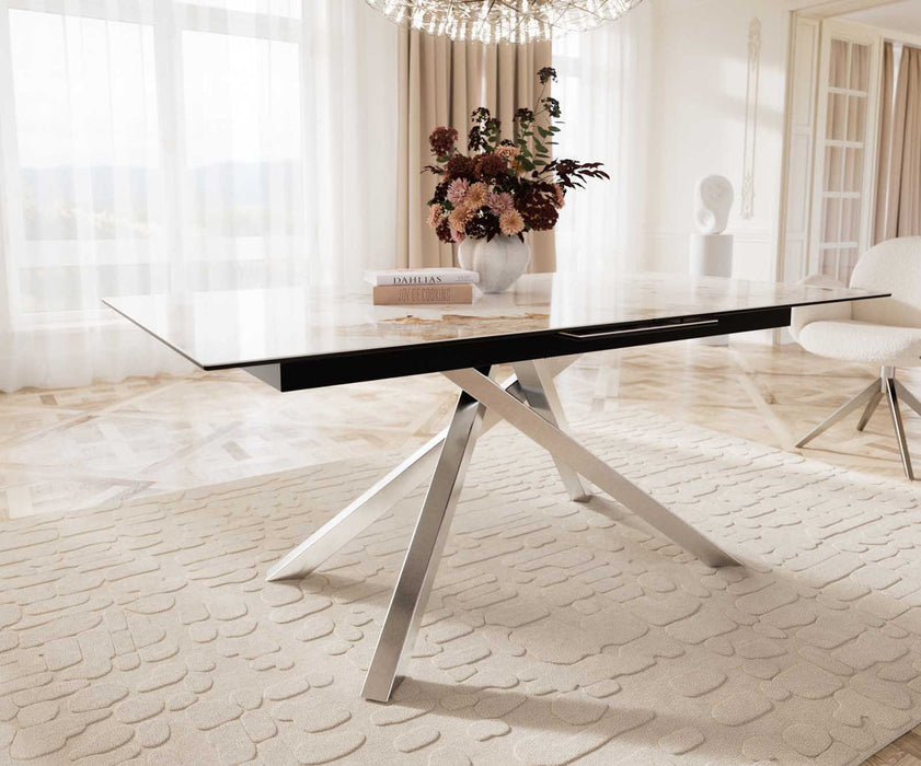 Extendable Dining Table Aurora 180-220x100cm Ceramic Minas Melange Beige Cross Frame Silver