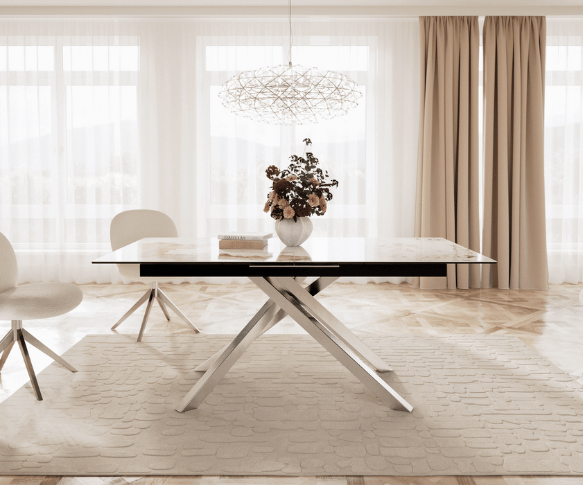 Extendable Dining Table Aurora 180-220x100cm Ceramic Minas Melange Beige Cross Frame Silver